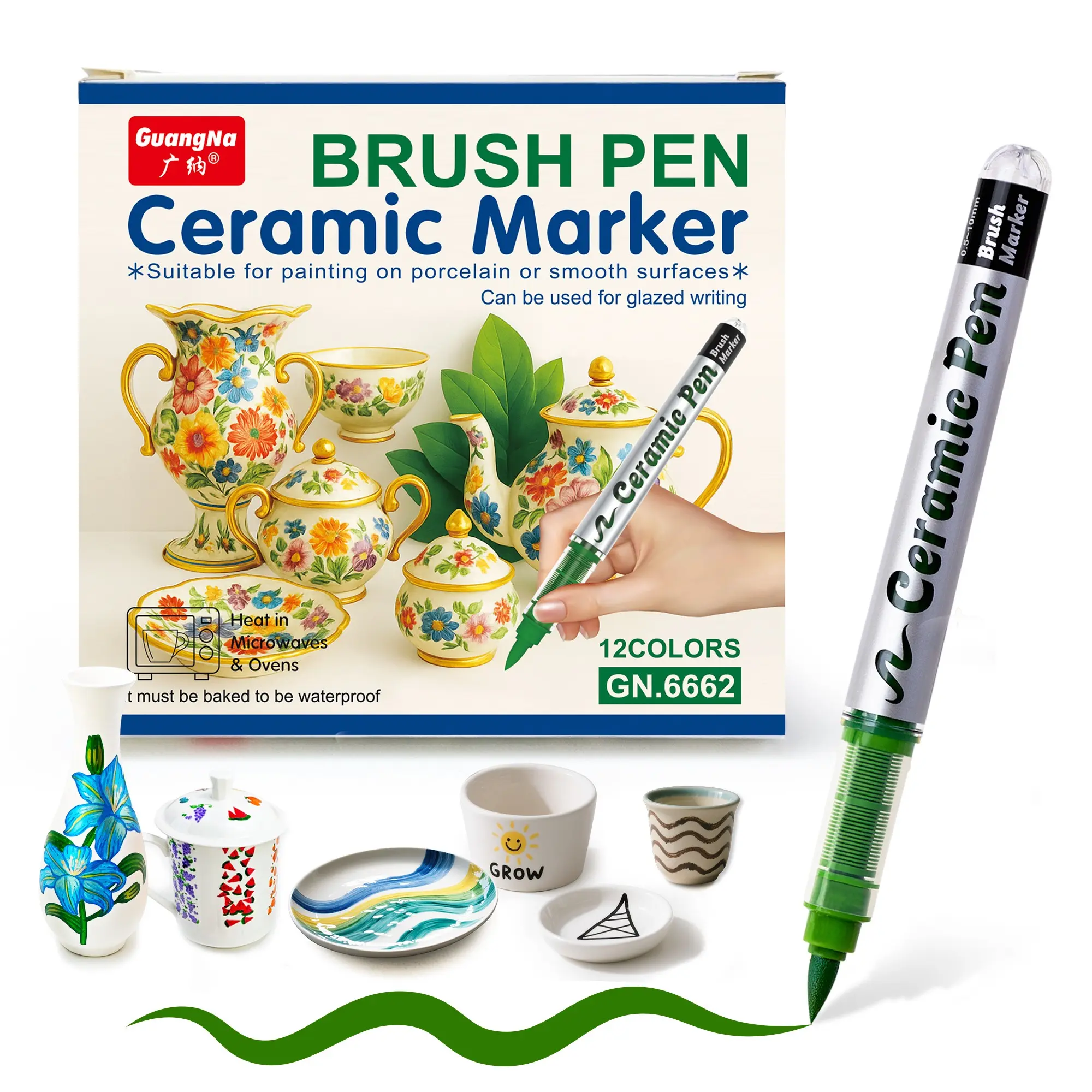 Gn.6662 Soft Tip Ceramic Marker Pen, 12 Colors, Nano Ceramic Powder, High Saturation, Waterproof, DIY Ceramics, Handmade Gifts, Coloring Pens