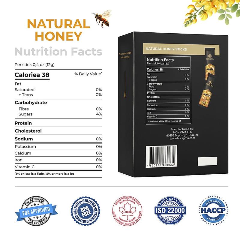 HONIGMA Deliciously Sweet Acacia Honey Sticks - 50 Count (12g each) | Pure Ukrainian Honey | Sustainably Sourced | Bursting with Flavor & Health Benefits