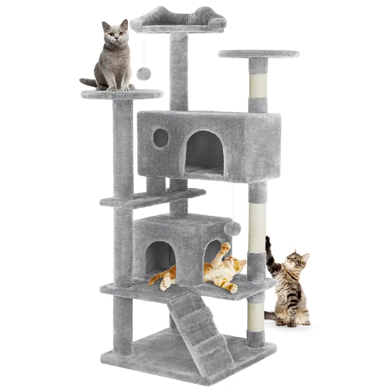 Sweetcrispy 54in Tall Medium Modern Space-Saver Cat Tree Tower (50x50cm) for Indoor Cats, 3-Tier Plush Fabric Pet Furniture with Non-Slip Base, Sisal Vertical Scratcher, Climbing Ladder, Cooling Toy, Dangling Bells Spark Hunting Play, Hand Wash Only