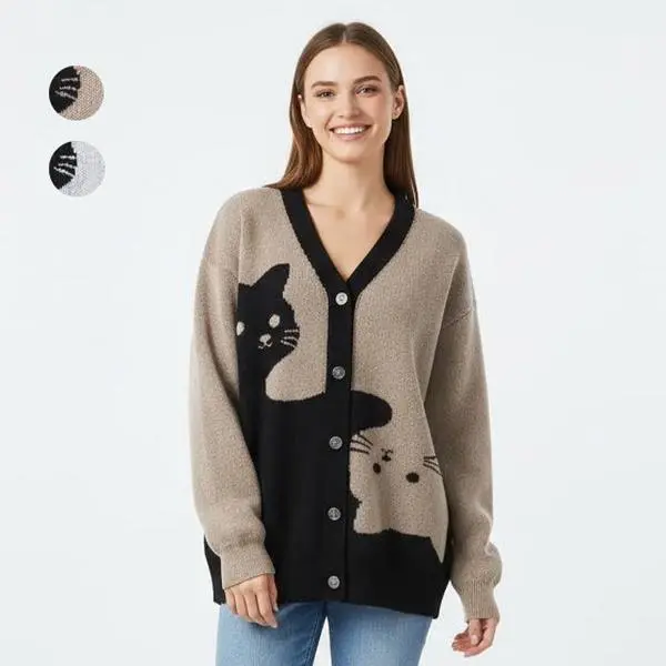 2026 Women's Long Sleeve Fitted Pure Color Cat Design Polyester Cardigan Top - Unisex Couple's Student Casual Knitwear