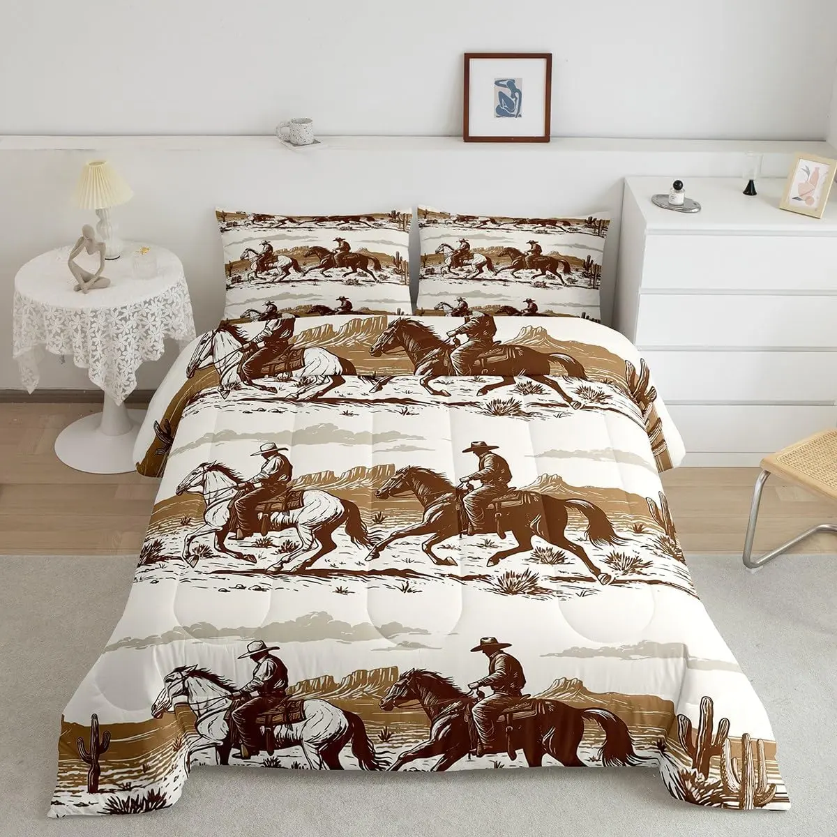 Western Comforter Set Wild West Cowboy Bedding Set Western Cowboy Duvet Quilt Bedroom Rodeo Style Decor White Brown Microfiber Ultra Soft Breathable