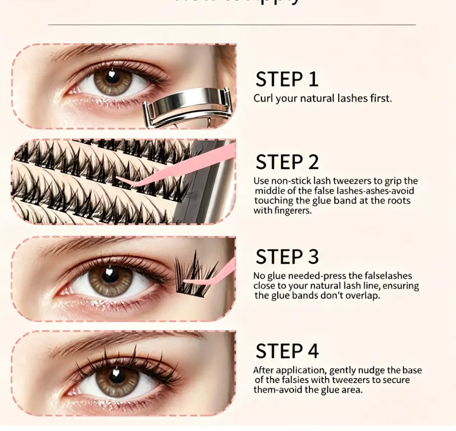 No Glue Needed Self-Adhesive Lash Clusters, Easy Press-On DIY False Eyelashes for Beginners, Natural Salon Lash Extension Look