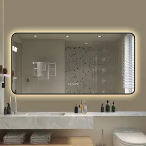 48*24-inch LED black rounded-corner frame bathroom mirror with temperature display, three-color lighting, defog function, premium aluminum frame, and high-definition tempered glass.