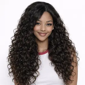 26 Inch Deep Wave Lace Front Wig for Women Black Curly Synthetic Hair Natural Middle Part Wig with Wig Cap Comb & Headband Lightweight Wig Cap Soft Texture