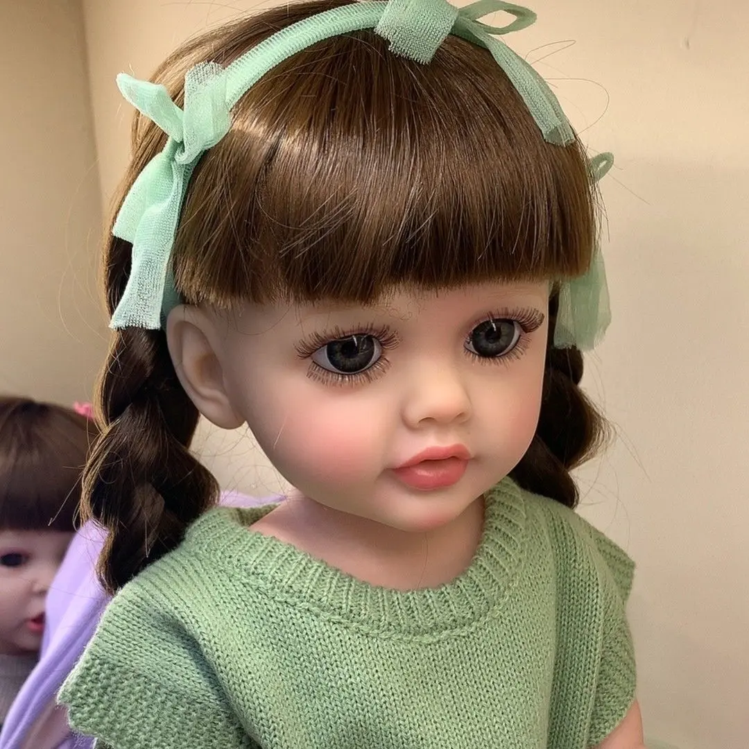 55 CM/22 Inch Realistic Lifelike Reborn Baby Soft Silicone Girl Doll, Long Brown Hair Princess Toddler Birthday Gift Easter Gift Christmas Halloween Gift