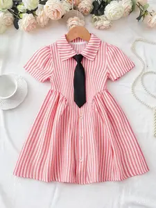 Girls' British Style Short Sleeve Dress, & Options, Round Neck with Bow Tie, A-Line Skirt, Suitable for Ages 3-8