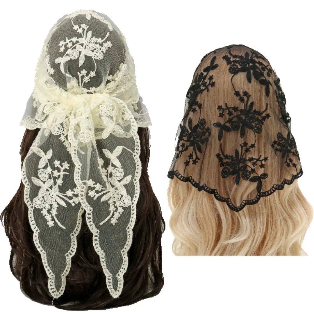 2Pcs Triangle Catholic Chapel Mantilla Veils - Short Camellia Embroidery Latin Mass Scarf head wrap Church Lace Veil