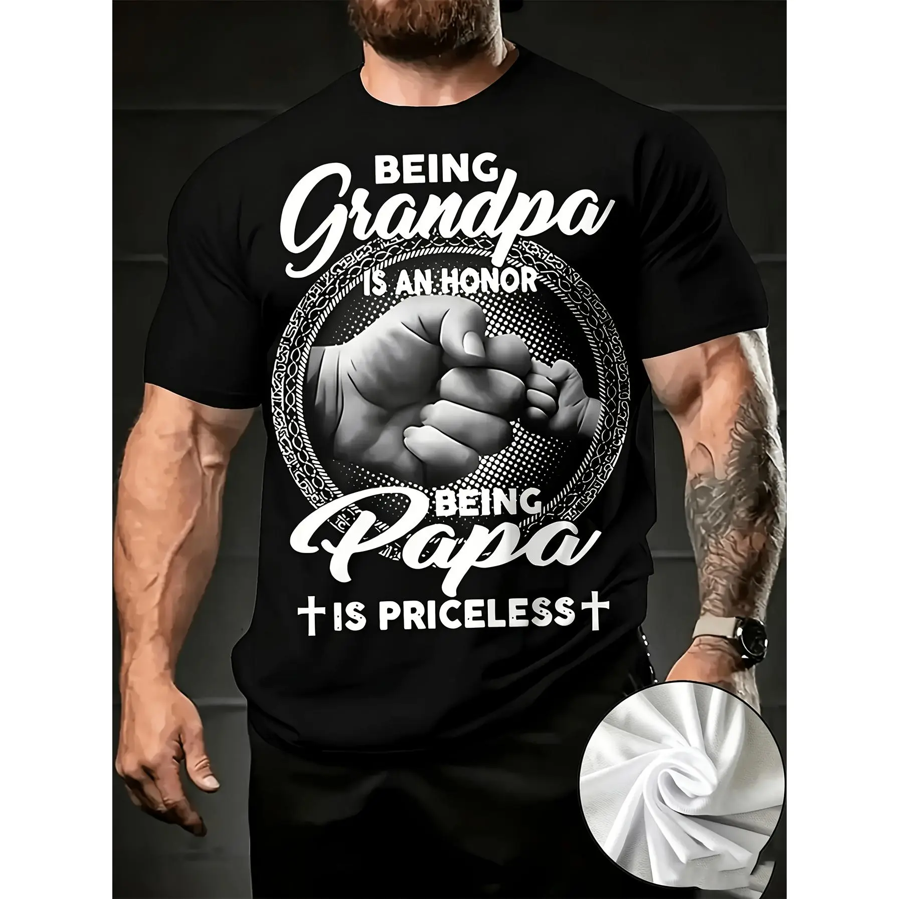Male 100% Cotton Retro Crew Neck Stretch Athletic Short-Sleeve Top, Geometric Black-White "Being a Grandpa Is an Honor, Being a Dad Is Priceless" Slogan, Regular Fit, Plus Size, Tall, Machine Washable Father's Day Gift, Activewear
