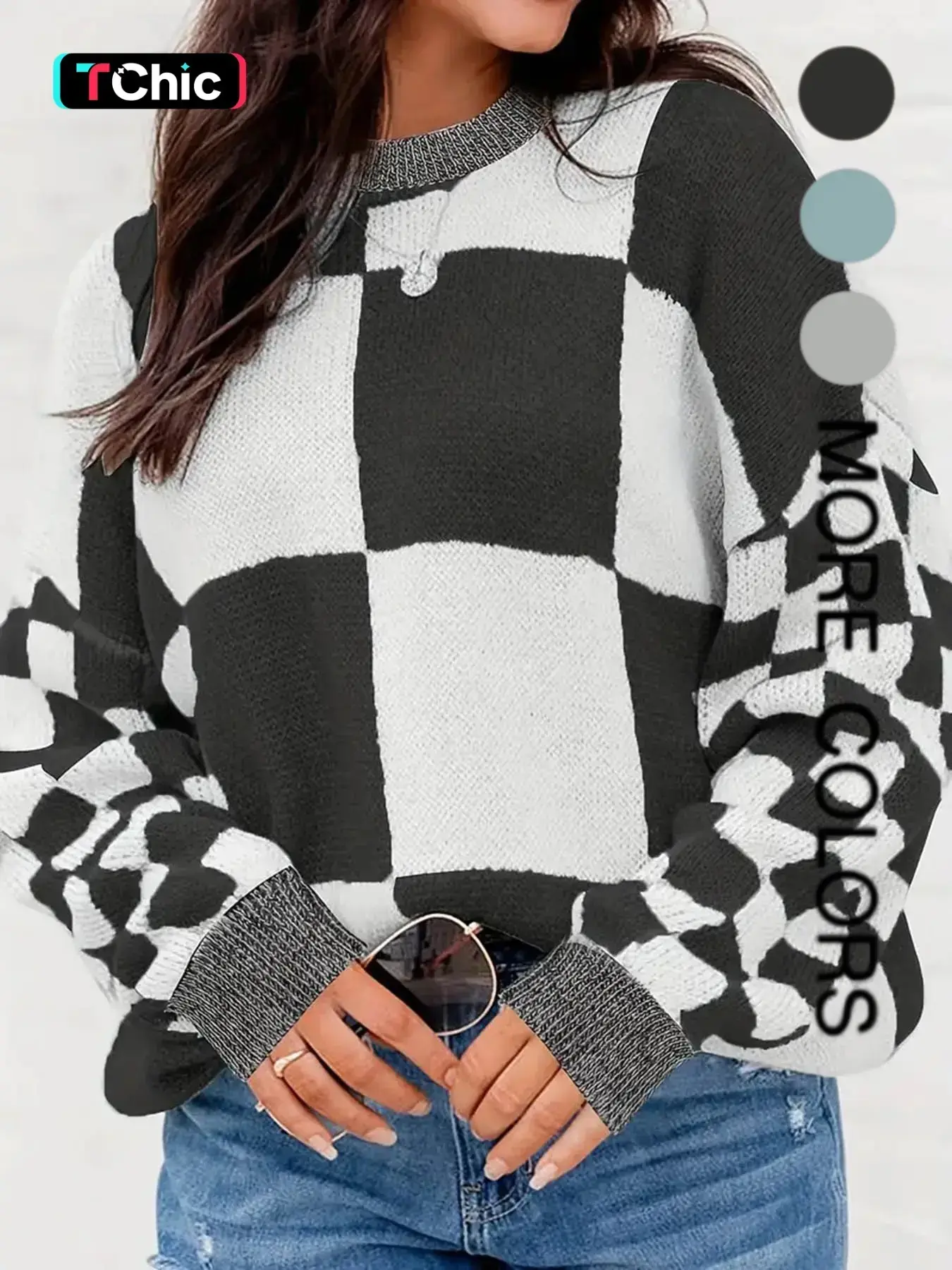 Women's Plaid Print Checkered Drop Shoulder Chunky Knitted Sweater, Casual Long Sleeve Round Neck Jumper for Fall & Winter, Fashion Ladies' Knitwear for Daily Wear