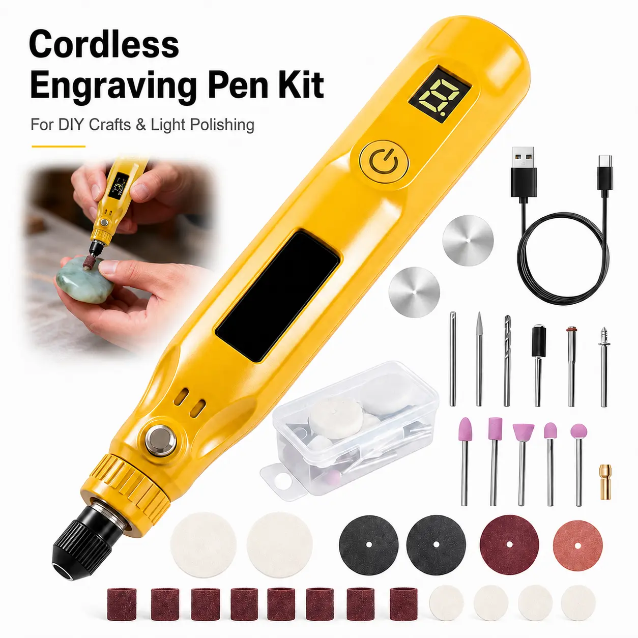 Wireless Engraving Pen Rotary Tool Set - Electric Grinder Pen Kit with Variable Speed, Small Light Design, Wood/Plastic Bands & Various Attachments for Jewelry Engraving, Home Maintenance