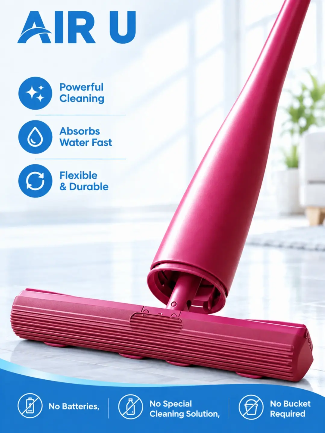AIR U New Sponge Mop （53.1x4.7x13.4 inch） - Hands-Free One-Stroke Clean Floor Mop, Super Absorbent PVA Sponge Refill, Self-Wringing No Hand Wash Flat Mop Head, Lightweight Durable for Kitchen Bathroom, Easy Squeeze Household Cleaning Tool