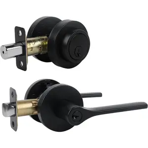 Door Handles Exterior, Keyed Entry Lever and Single Cylinder Deadbolt Combo Pack, Door knob with Lock and Key, Round Entry Door Locksets Front Door, Matte Black ( Keyed Alike) 1Pack