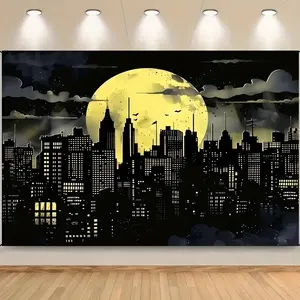 Vibrant Superhero City Skyline Backdrop - Moonlit Night with Bats, 100% Polyester Canvas - Perfect for Photography, Parties & Home Decor, Photography Background | Dramatic Night Scene | Easy Setup Backdrop, Superhero Party Decorations