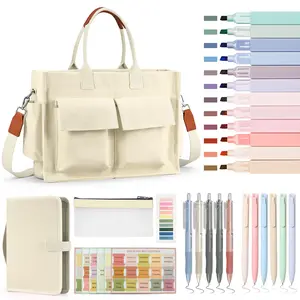 Large Bible Bag with Bible Cover Case for Women, Church Tote Bag with Shoulder Strap, Bible Journaling Supplies Study Kit with Highlighters, Pens, Tabs, Christian Gifts for Women, White
