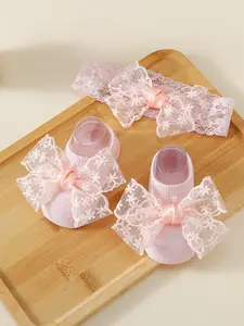 Lace Embroidery Sweet Bow Socks Set + Bow Hairband, Perfect for Full Moon, Festivals, First Birthday Gifts, Cute Fitted Design, Newborn Gift Set