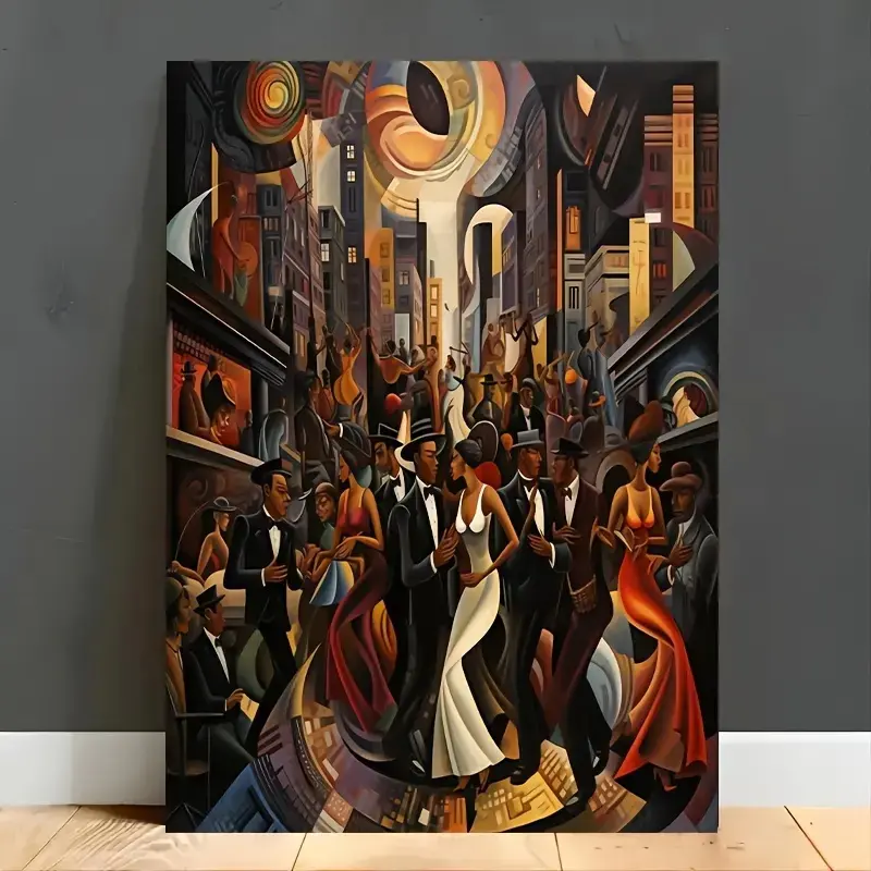 Lightweight Vintage Jazz Dance Canvas Wall Art - Harlem Night City Party Poster Print, Retro Black Culture Inspo, Framed/Unframed Houndstooth/Polka Dot Options, Unique Houndstooth Decor for House Dorm Wardrobe Bedroom Accent, Vintage Vibes, Dorm Room Deco