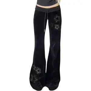 Velvet Star Rhinestone Flare Pants for Women, Bootcut Low Rise Drawstring Bell Bottoms, Y2K Streetwear