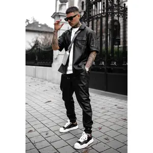 Utility Faux Leather Short Sleeve Button Up Shirt - Black