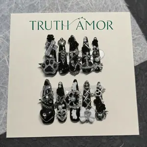 10Pcs, TRUTH AMOR Handmade Gothic Decorative False Nails, Extra Long Taper Solid Black Base, 3D Black Rose Paw Cross Heart Key White Bow Pearl Rhinestone Details, Ideal For Daily Dark Outfit And Night Club Styling, Portable Handcrafted Nail Ornaments