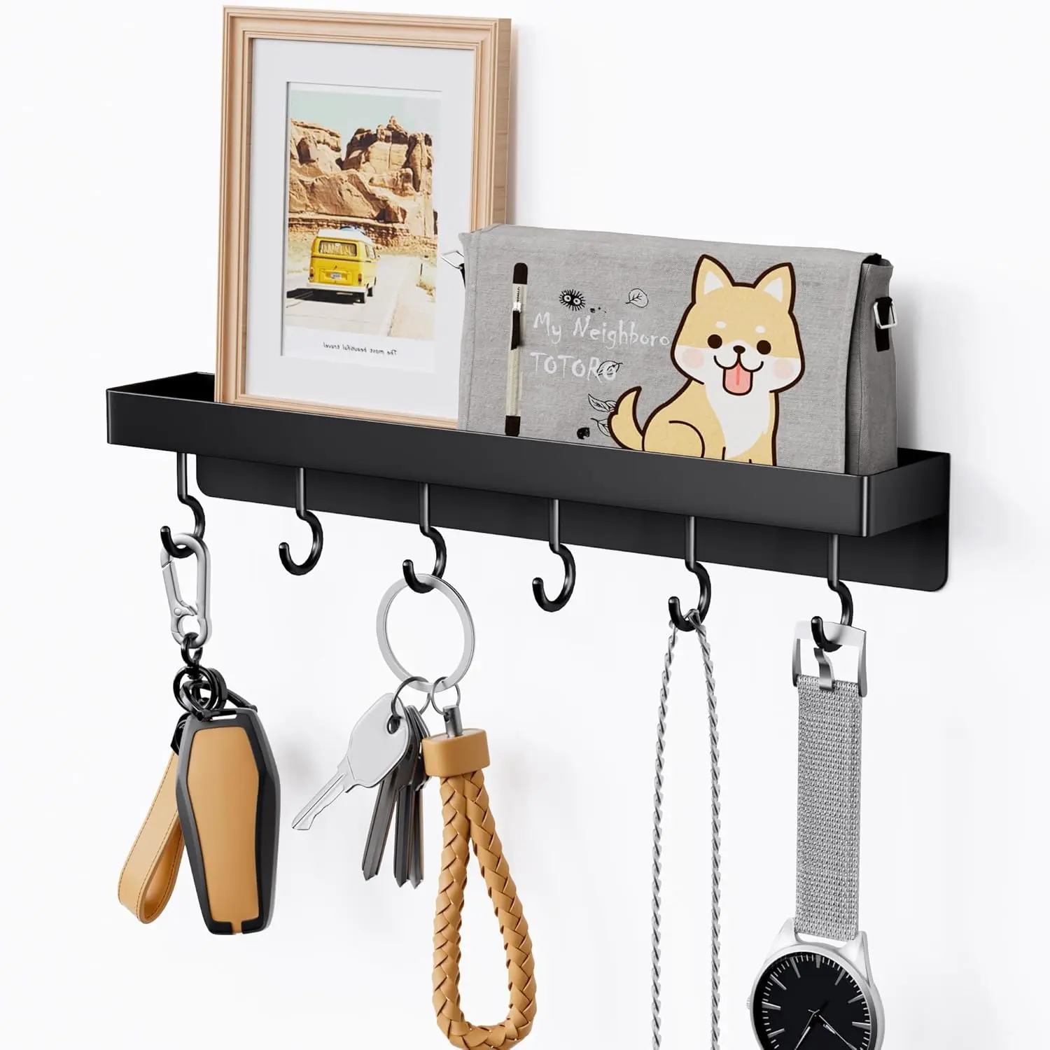Black Key Organiser - Self-Adhesive Hanging Key Rack with Stainless Steel Hooks, Decorative Floating Wall Shelf for Home Decoration, Room Decor, Photo Display, Shelves, Wall Decor