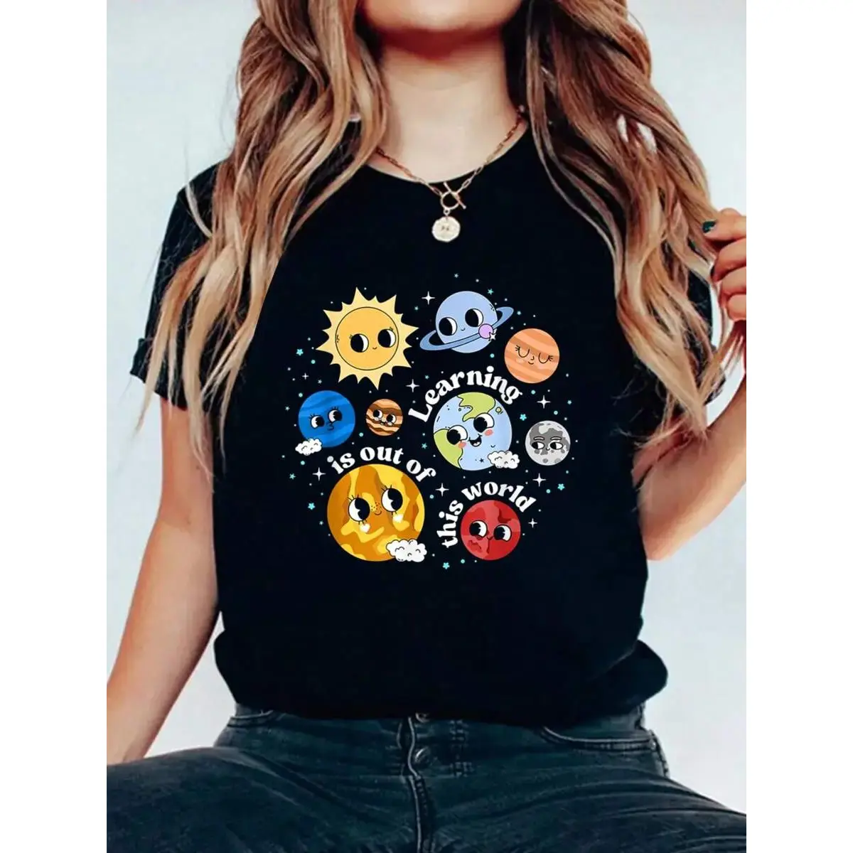 Solar System Learning Is Out Of This World Science Teacher T-Shirt Print Cotton T-Shirt For Summer, Women's Soft Short Sleeve Top, Stylish Comfy Tee For Women Graphic Tees