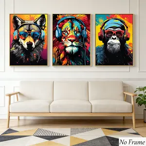 Wolf Lion Gorilla Wall Art Set, Unframed Art Print, Modern Pop Style Decorations, Vibrant Gradient Colors, Ideal for Game Room Teen Space Home Decoration
