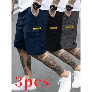 Men's 3-piece multi pocket workwear shorts Summer loose straight drawstring casual shorts three piece set Multi colored plus size functional outdoor commuting five quarter pants three piece set