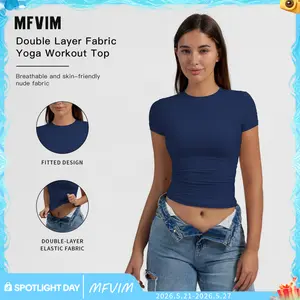 MFVIM Women's Fitted Double Layer Breathable Short Sleeve Sports T-Shirt, Gym Shirts, Fitness Outfit for Yoga & Gym Everyday Activewear