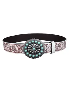 Western Turquoise Flower Buckle, Vintage Bohemian Sunflower Metal Buckle, Artificial Turquoise, Paisley Leather Belt, Unisex, Cowboy, Concert, Streetwear
