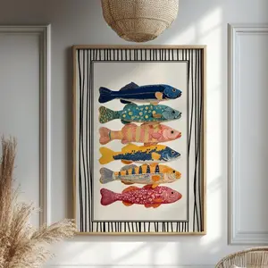 [Sale Up To 40%, Unframed] Colorful Fish Poster, Thin Striped Trendy Fish Aesthetic Kitchen Wall Art, Retro Coastal Nautical Decor, Vibrant Seafood Illustration Artwork
