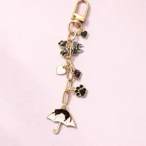 Charm Chain for Kindle Fashion Bag Charm Black Cat Themed Oxidized Brass with Swivel Snap Hook 6 Inches Total Length