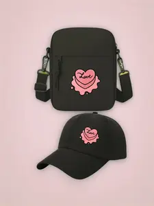2pcs Stylized Heart with Love Message Print, Unisex Baseball Cap & Crossbody Bag, Men's and Women's Fashion Street Suit, Unisex Sportswear, Unique Gift Ideas, Adjustable Polyester, Casual Outdoor Sports Accessories