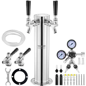 fathersdaygift  VEVOR Kegerator Tower Kit, Dual Taps Beer Conversion Kit, Stainless Steel Keg Beer Tower Dispenser with Dual Gauge CGA320 Regulator D-System Keg Coupler, Self-Closing Spring for Party Bar Home