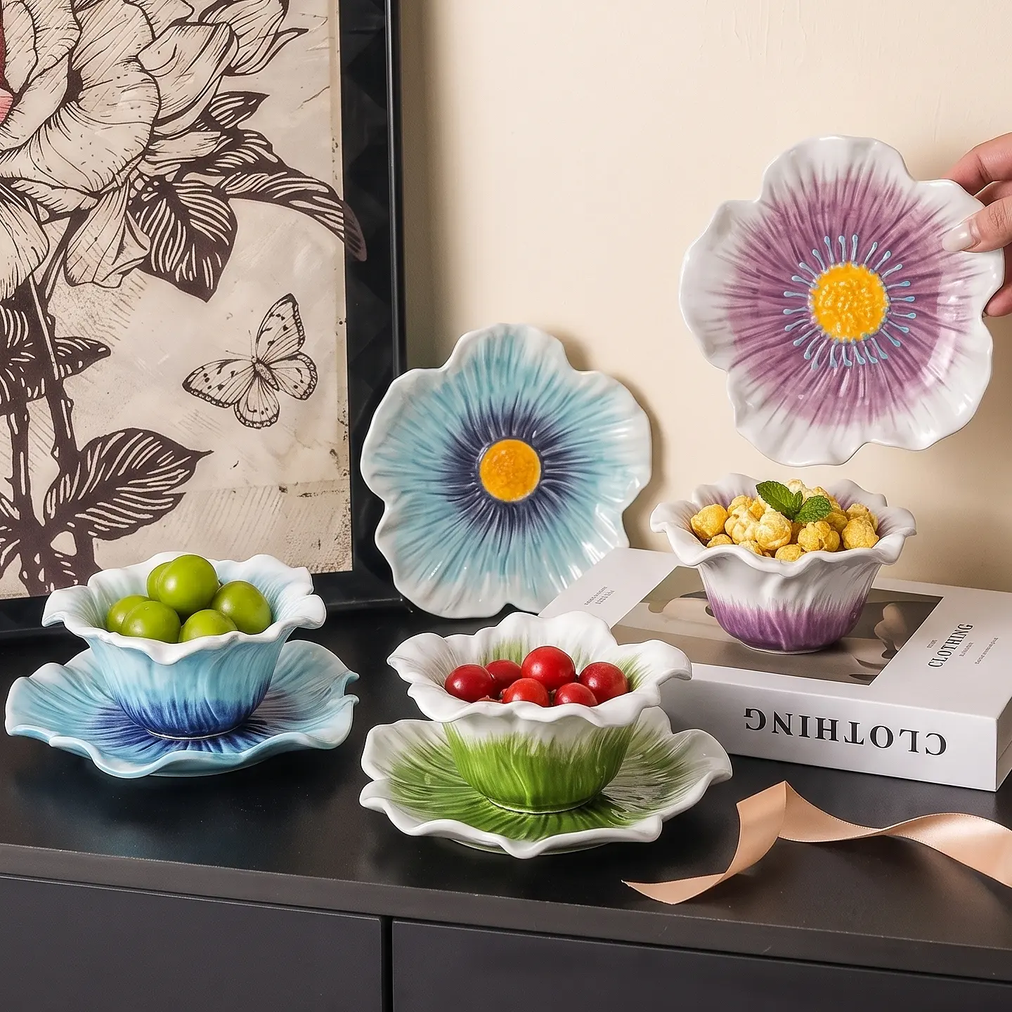 HongDian Flower Shaped Ceramic Bowl Plate Series,Optional 220ml 7 oz Bowl and Matching Dessert Plate,Blue Green Pink Available,Painted Floral Detail,Premium Ceramic,Underglaze Non Fading,Oven Microwave Dishwasher Sterilizer Safe,For Fruit,Dessert,Snack, F
