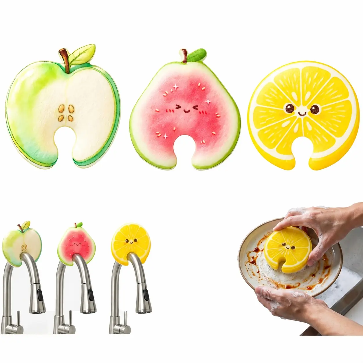 Compressed Cellulose Sponges - Pack of 3 Fruit Shaped Natural Pop Up Dish Sponge for Kitchen - Compostable, Plant-Based, Non Scratch Cleaning Sponges Bulk for Dishes & Household Use