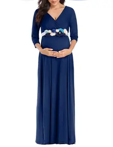 Maternity Maxi Dress with Flower Sash(S-3XL)/Wrapped Ruched V Neck Photoshoot Baby Shower Dresses