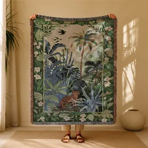 Retro Jungle Bohemian Yarn Jacquard Woven Blanket with Tassel, Thick Soft Washable Blanket, Used for Home Decor Sofa Chair Bed Tapestry Tablecloth Floor Garden Picnic Outdoor Camping