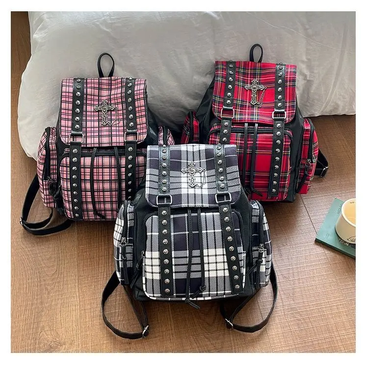 Women's Plaid Rivet Cross Drawstring Backpack - Gothic Punk Y2K Alt Girl Large Capacity Multi-Color Bag for Campus School, JK Casual Travel