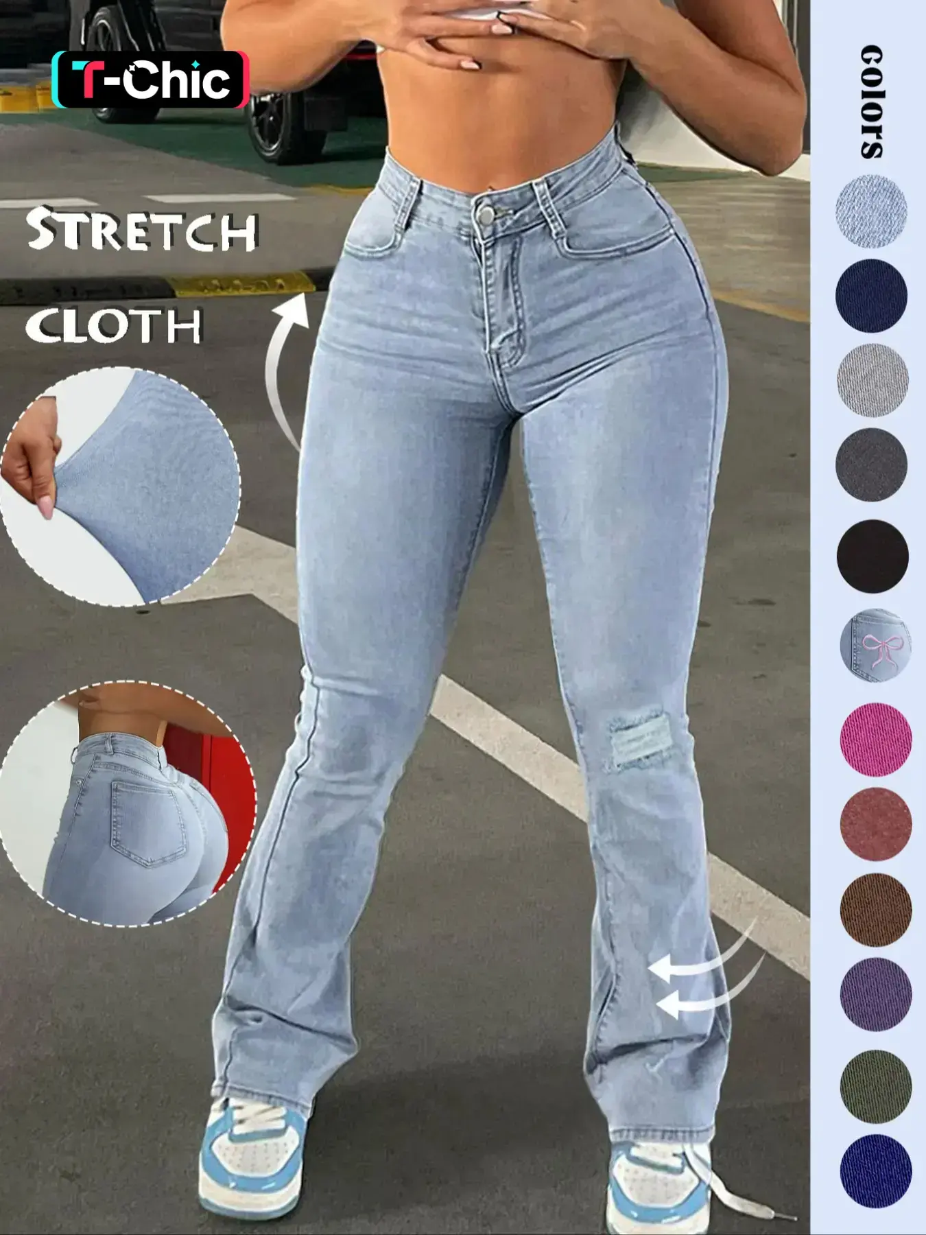 GILIPUR Y2K Women's Plain Ripped Bootcut Flared Fit Jeans, High Waisted Jeans, Casual High Waist Pocket Button Fly Bell Bottom Denim Pants for Daily Outdoor Wear, Medium Stretch Cotton Fabric, Flare Leg Jeans for All Seasons, Streetwear