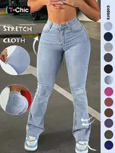 GILIPUR Y2K Streetwear Women's Plain Ripped Flare Leg Bootcut Medium Stretchy Fitted Jeans, Cotton, Casual High Waist Pocket Button Bell Bottom Denim Pants for Daily Outdoor Wear, All Seasons, girls