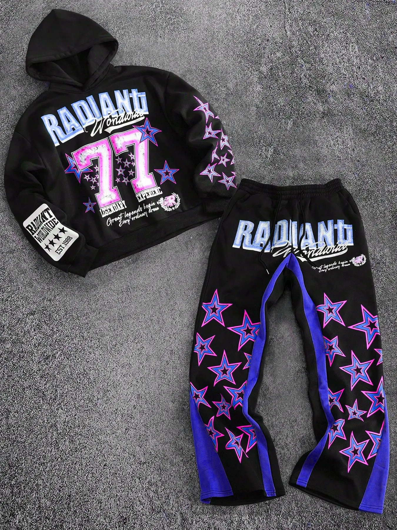 Men's Hooded Sweatshirt & Patchwork Bell Bottoms Set, 77 Stars Graphic Print Y2K Streetwear, Casual Long Sleeve for Fall & Winter