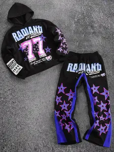 Men's Hooded Sweatshirt & Patchwork Bell Bottoms Set, 77 Stars Graphic Print Y2K Streetwear, Casual Long Sleeve for Fall & Winter