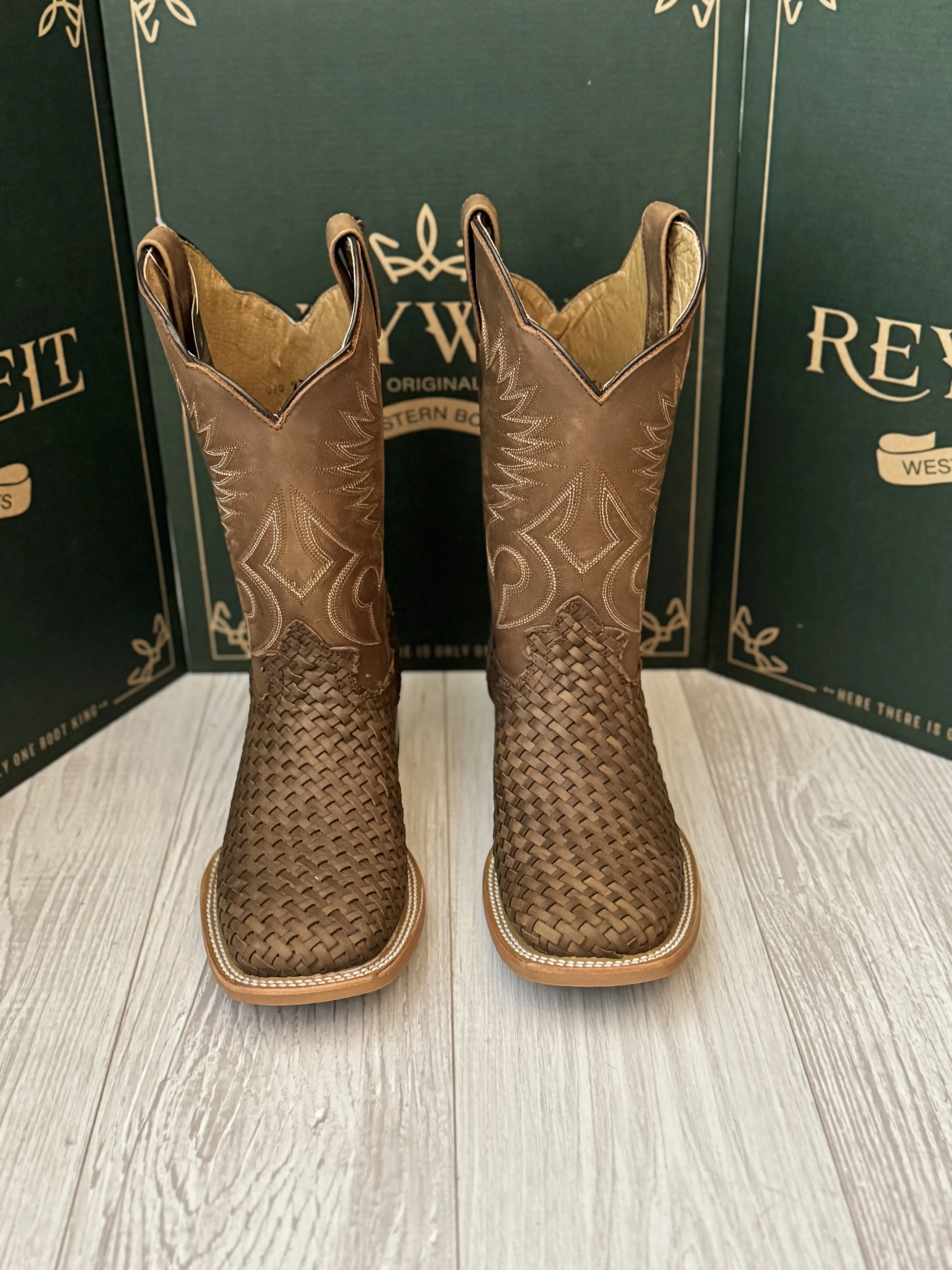 070 Tejida Mens Western Cowboy Boots Thread Design Square Toe Made in Mexico Bota Vaquera