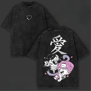 valentine shirts Obanai Iguro x Mitsuri Kanroji Demon Slayer Oversized Tee: Ultra-Soft Washed Fabric for All-Day Comfort, Featuring Double-Printed Love Kanji Artwork | Ultimate Anime Fan Essential