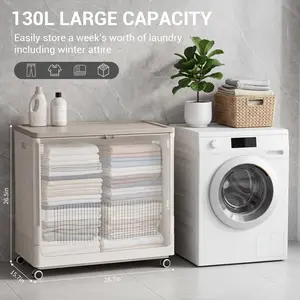 73 Compartment Plastic Flip-Top Storage Box, Large Collapsible Rolling Laundry Hamper with Lid, Dustproof Space-Saving Laundry Organizer Bin