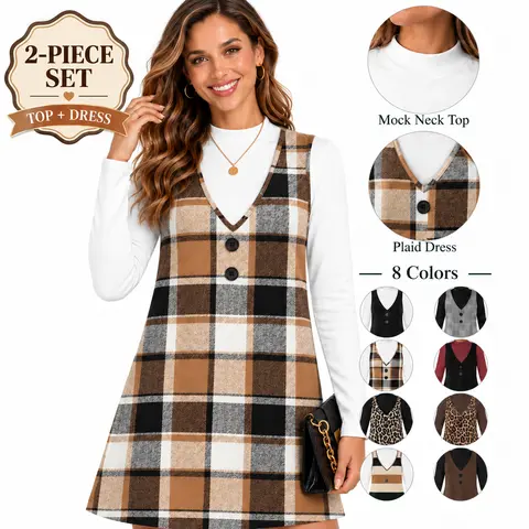 Wiholl Fashion Fall Dresses for Women 2 Piece Sets Long Sleeve Overall Dress with Pockets Abvoe Knee Fashion Winter Clothing