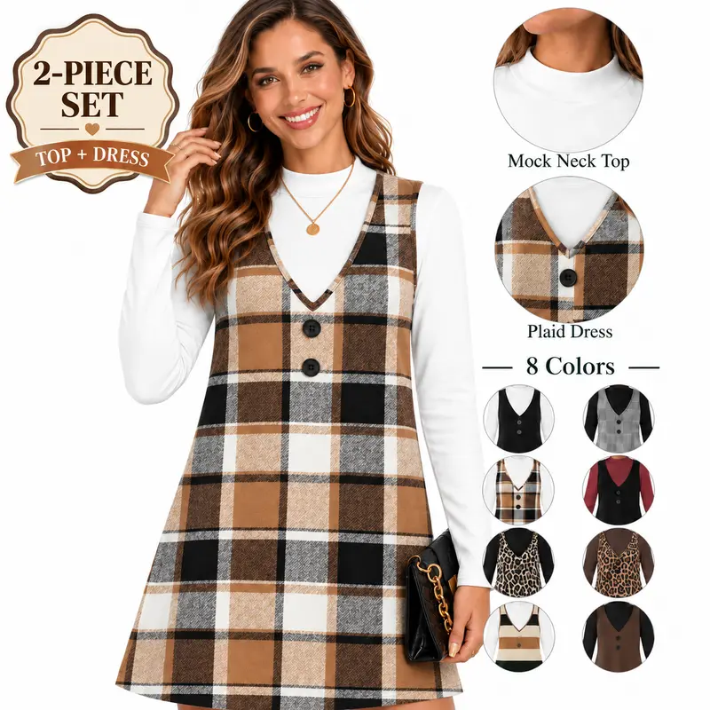 Wiholl Fashion Fall Dresses for Women 2 Piece Sets Long Sleeve Overall Dress with Pockets Abvoe Knee Fashion Winter Clothing