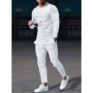 Men'S Relaxed Waffle Knit Crew Neck Sweatshirt And Jogger Set - Long Sleeves, Solid Hue, Fit with Pockets, Must-Have for Spring/Fall Casual Wear, Cozy Apparel |     Comfortable Outfit |     Waffle Knit Design, Sweater Trousers