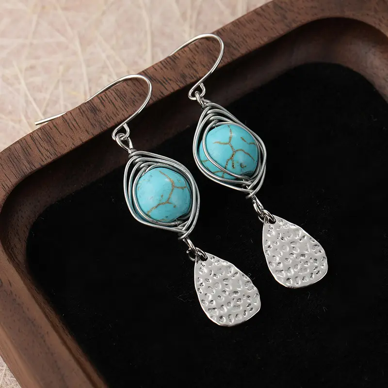 Vintage Handmade Earrings with Irregular Patterns HighQuality Turquoise Beads for Women Fashionable Jewelry Unique Charm Handcrafted Ear Hook Design