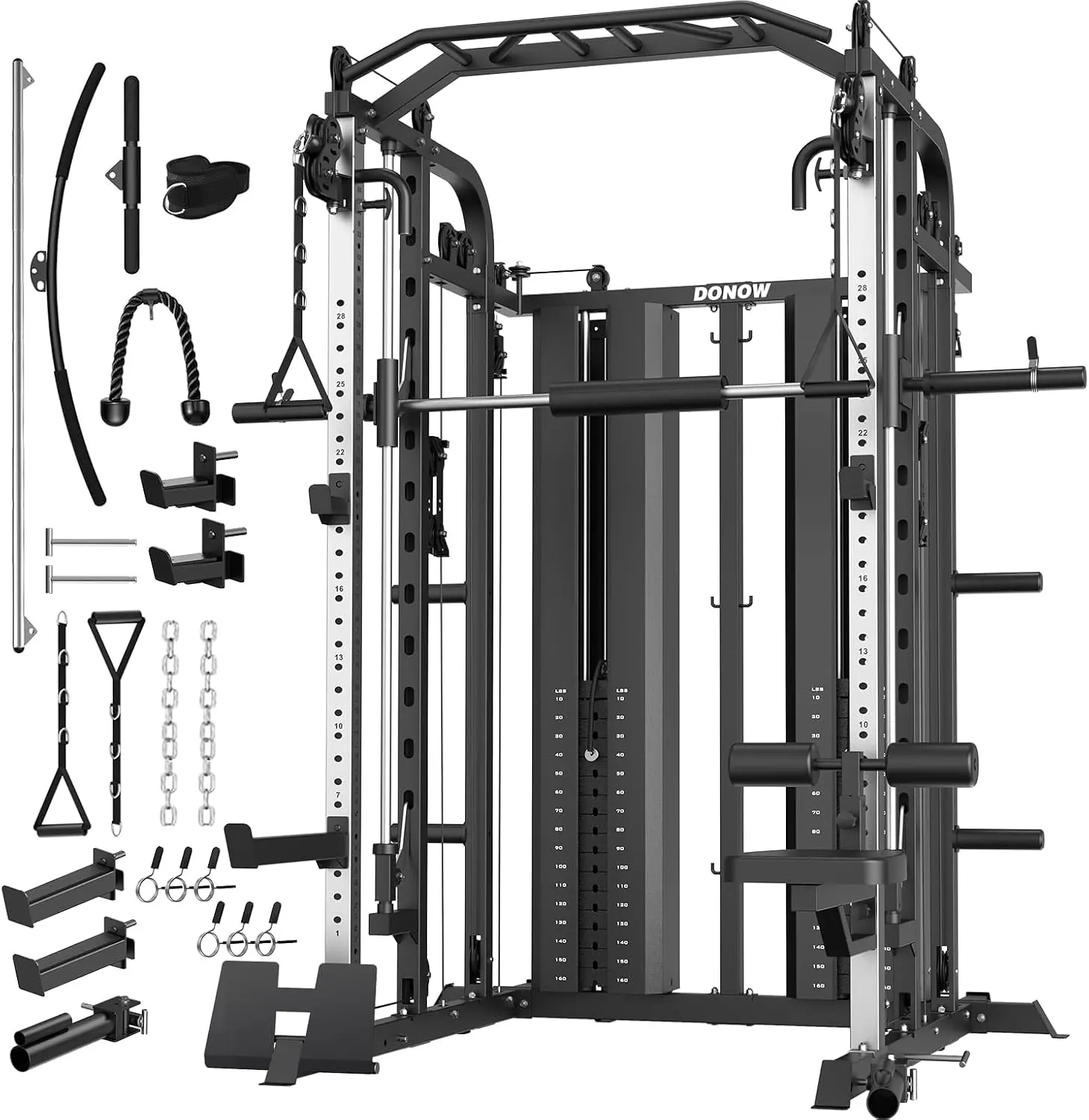 Smith Machine with Weight Stacks Home Gym System Cable Crossover | Multi Function, All in One, Heavy Duty, Lat Pulldown Bench, Hip Thrust Attachment, Smooth Smith Bar and Cable System